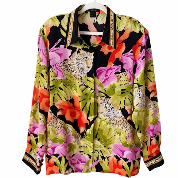 Aluna Tops - Aluna | 100% Silk Button Front Blouse Top Leopard Animal Floral Jungle Size 16